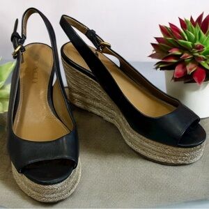 Coach Hadley Espadrille Wedge Sandals in Black Leather, Coach Charms, size 7